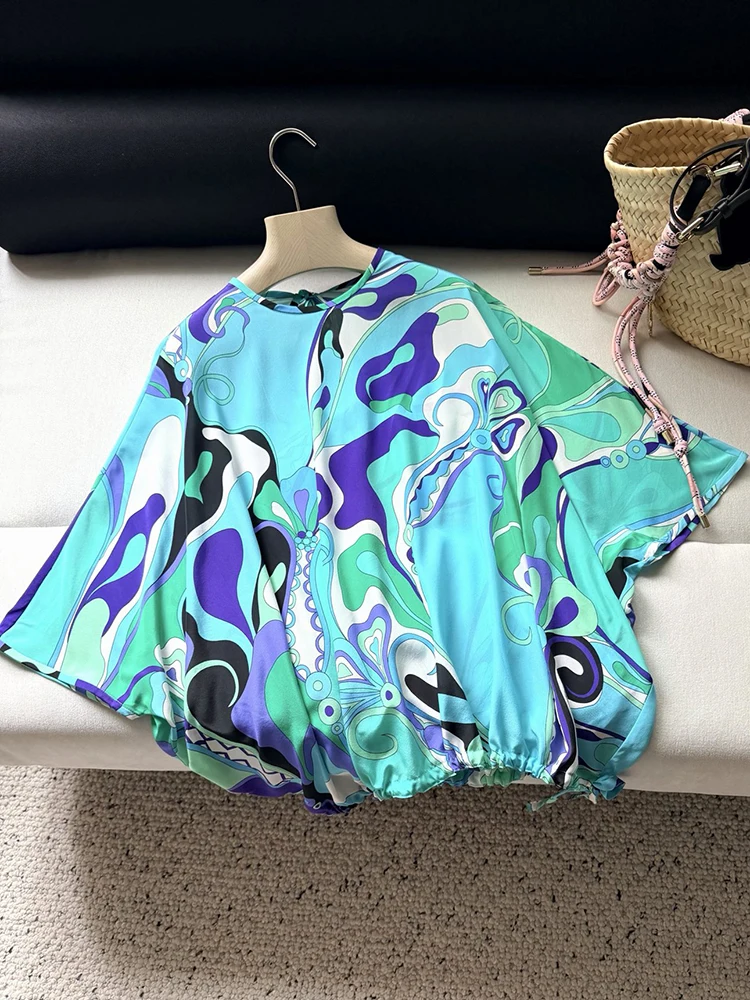 Spring Summer Fashion Indoor Daily Vintage Geometric Print Casual Blouses Women's O-Neck Batwing Long Sleeve Loose Pullovers