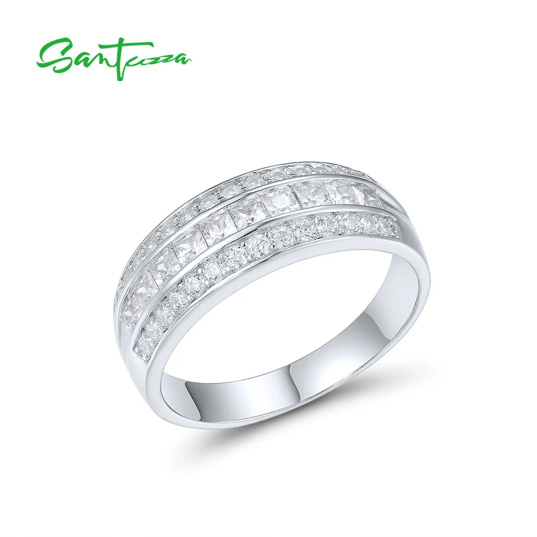 SANTUZZA แท้925แหวนเงินผู้หญิง Sparkling White Cubic Zirconia Classic Tapper Band เครื่องประดับ Fine