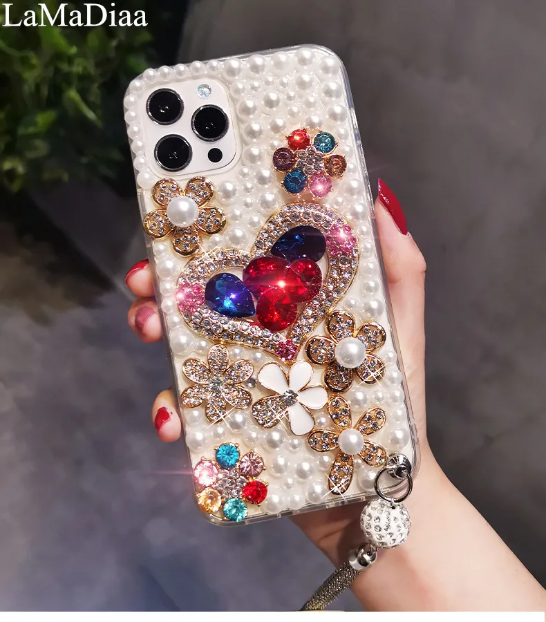 

Love Heart Pearl Diamond Color Pendant Phone Case Cover, Luxury Bling For Galaxy S24, S20, S21, S22PLUS, S23Ultra, Note20