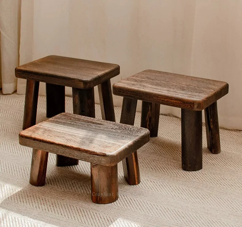 Solid Wood Square Stool, Vintage Low Seat for Tea, Shoe Changing Bench, Footrest Stool for Kids and Adults