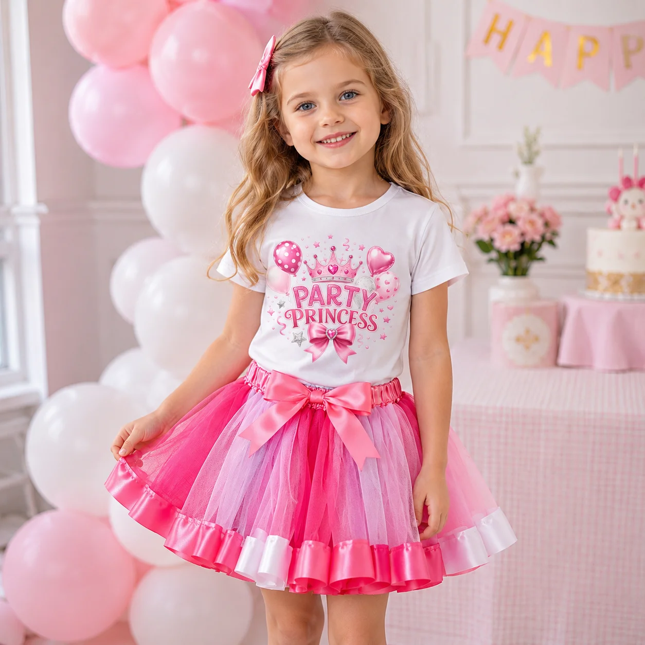Toddler Girls Birthday Party Princess Outfit Set Party Crown Print Short Sleeve Top Pink Satin Bow Layer Tulle Tutu Skirt Kids B