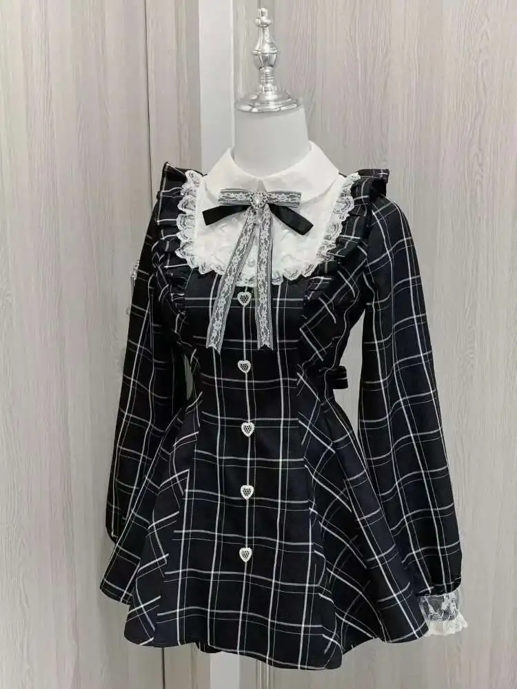 Harajuku Sweet Bow Black Plaid Dresses All-match Slim Fit Kawaii Lolita Dress For Women Autumn New Long Sleeve Vestidos