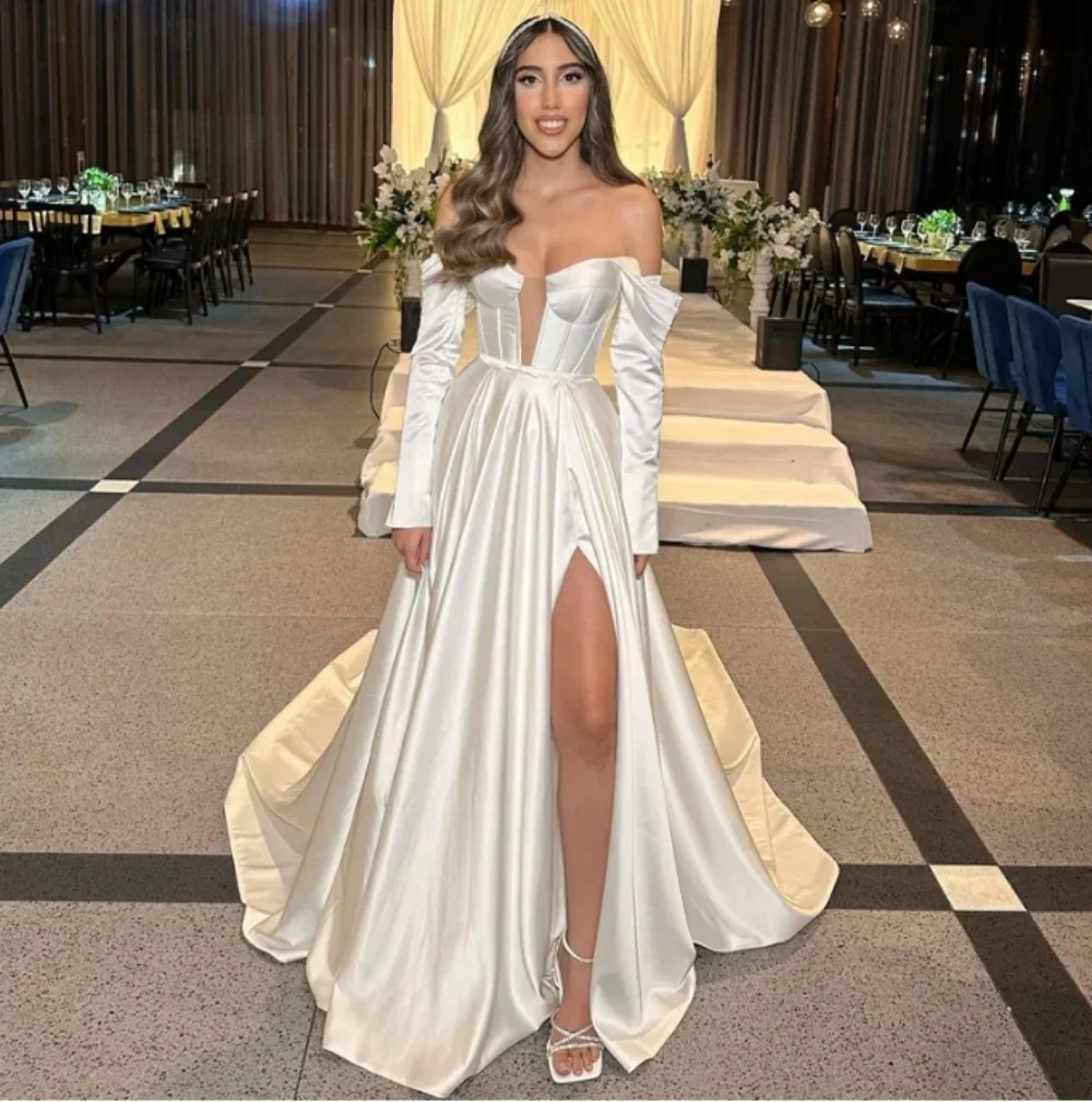 Baru gaun pernikahan Satin putih Off-Shoulder lengan panjang gaun Prom A-Line panjang lantai gaun pesta pernikahan gaun malam