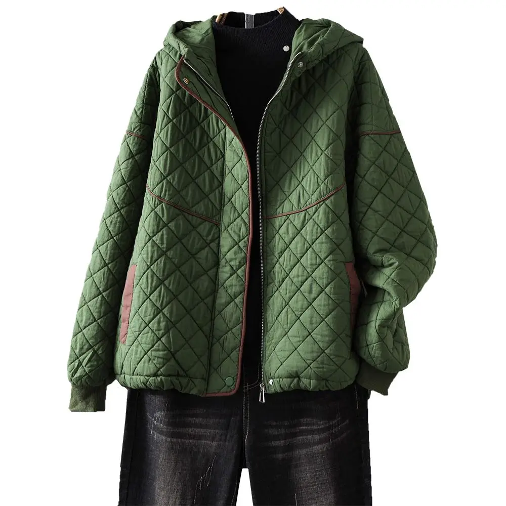 

Женская хлопковая куртка свободного кроя с капюшоном и ромбовидным узором, повседневная, осень-зима 2026