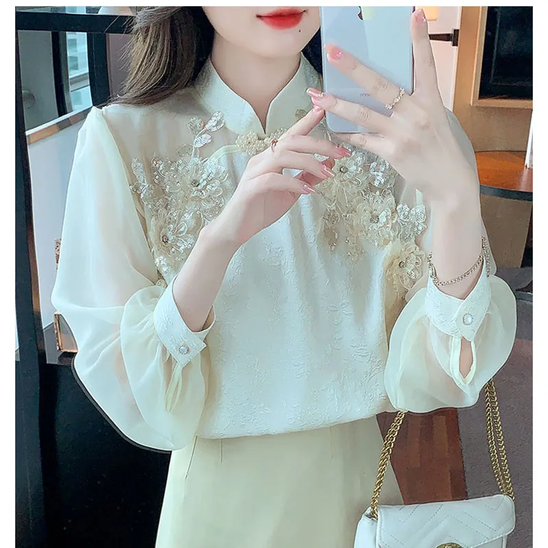 Spring And Autumn Women\'s New Collar Shirt Design Sense Top High Sense Heavy Industry Embroidery Fashion Shirt Comfortable Top