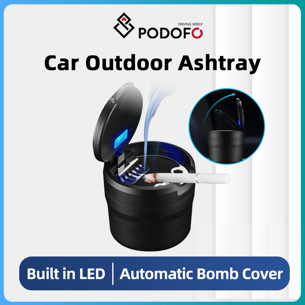 Podofo Car Ashtray with lid with LED lamp portable car ashtray holder ashtray interior finish One Touch Open Vehicle Ashtray