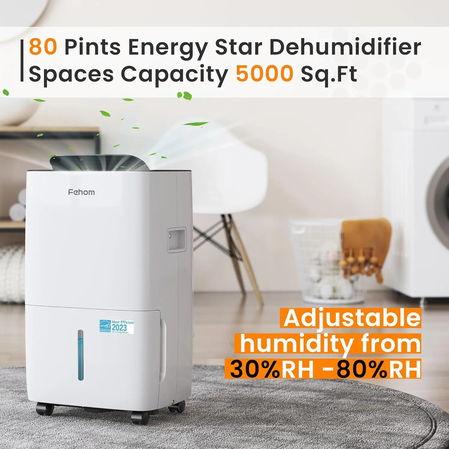 Dehumidifier Most Efficient Energy Star - 5,000 Sq. Ft. Dehumidifier for Basement with Drain Hose and 1.06 Gal Water Ta