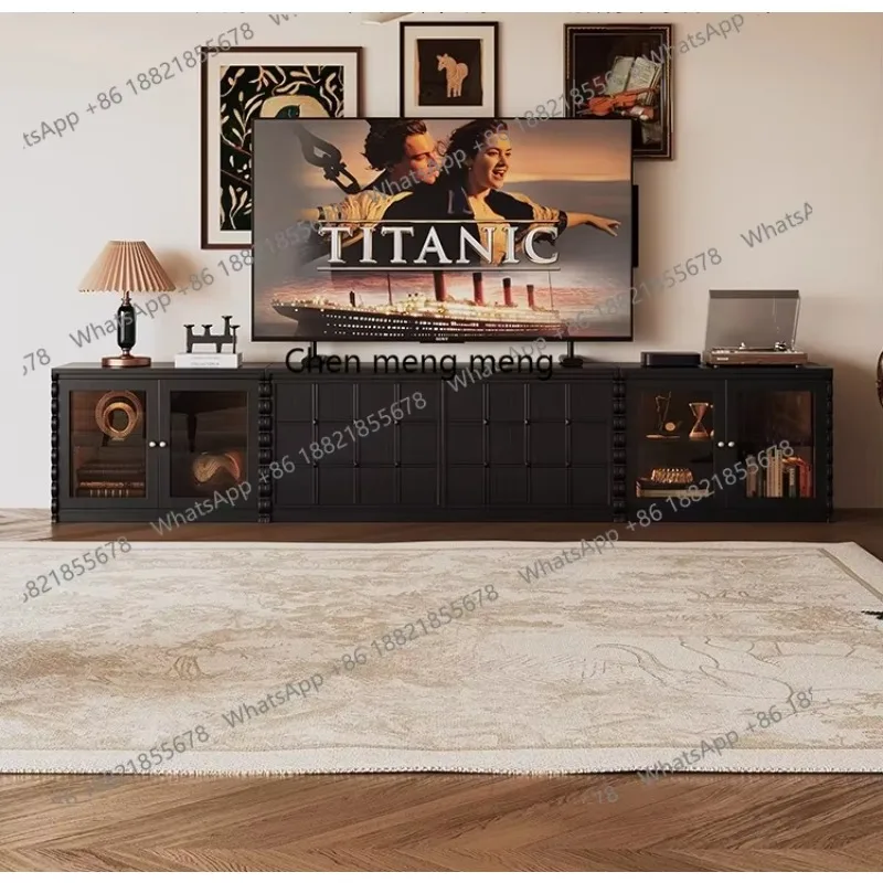 

French retro TV cabinet checkerboard skeleton line floor storage storage display cabinet H