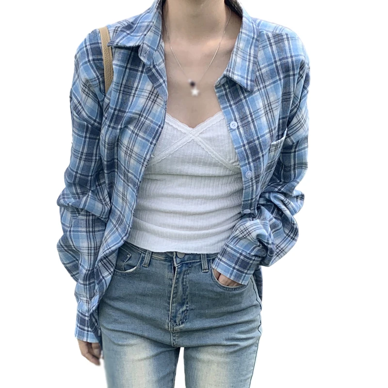 Women\'s Fall Clothes Plaid Shacket Jacket Long Sleeve Button Down Flannel Shirts Fashion Blouse