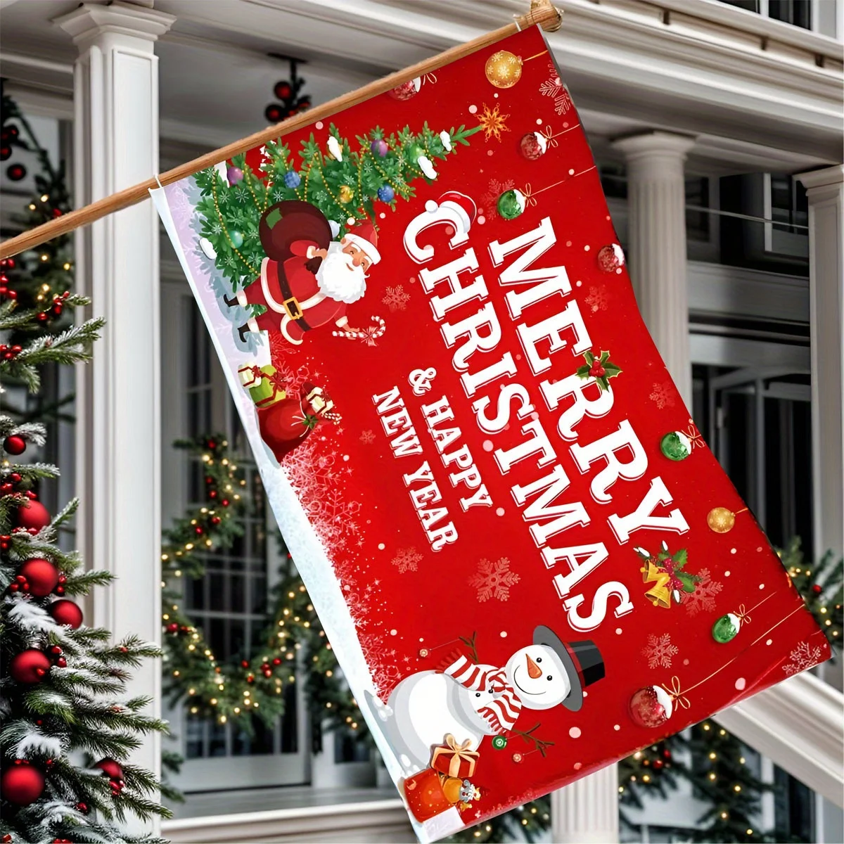 Merry Christmas Flag 3x5ft 90x150cm, Christmas Winter Holiday Decoration, Large Fabric Xmas Tree Santa Snowman Flag Banner