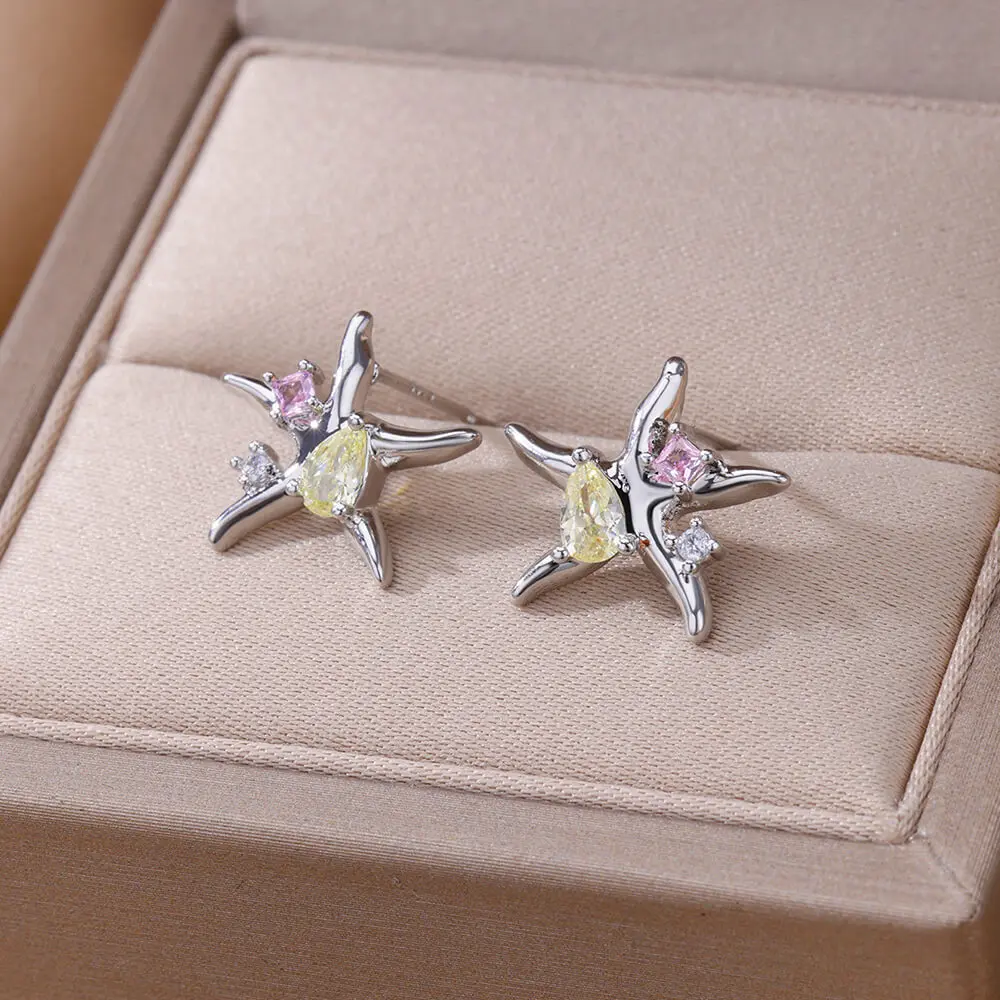 Zircon Star Starfish Stud Earrings For Women Stainless Steel Gold Color Statement Starfish Earring Femme Christmas Jewelry Gift