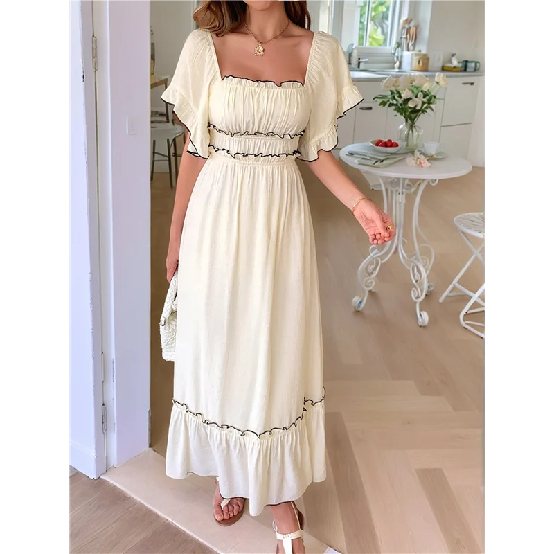 Vestido midi de manga corta para mujer, cuello cuadrado, color en contraste, informal, Rick Rack, vestidos ahumados-A55G