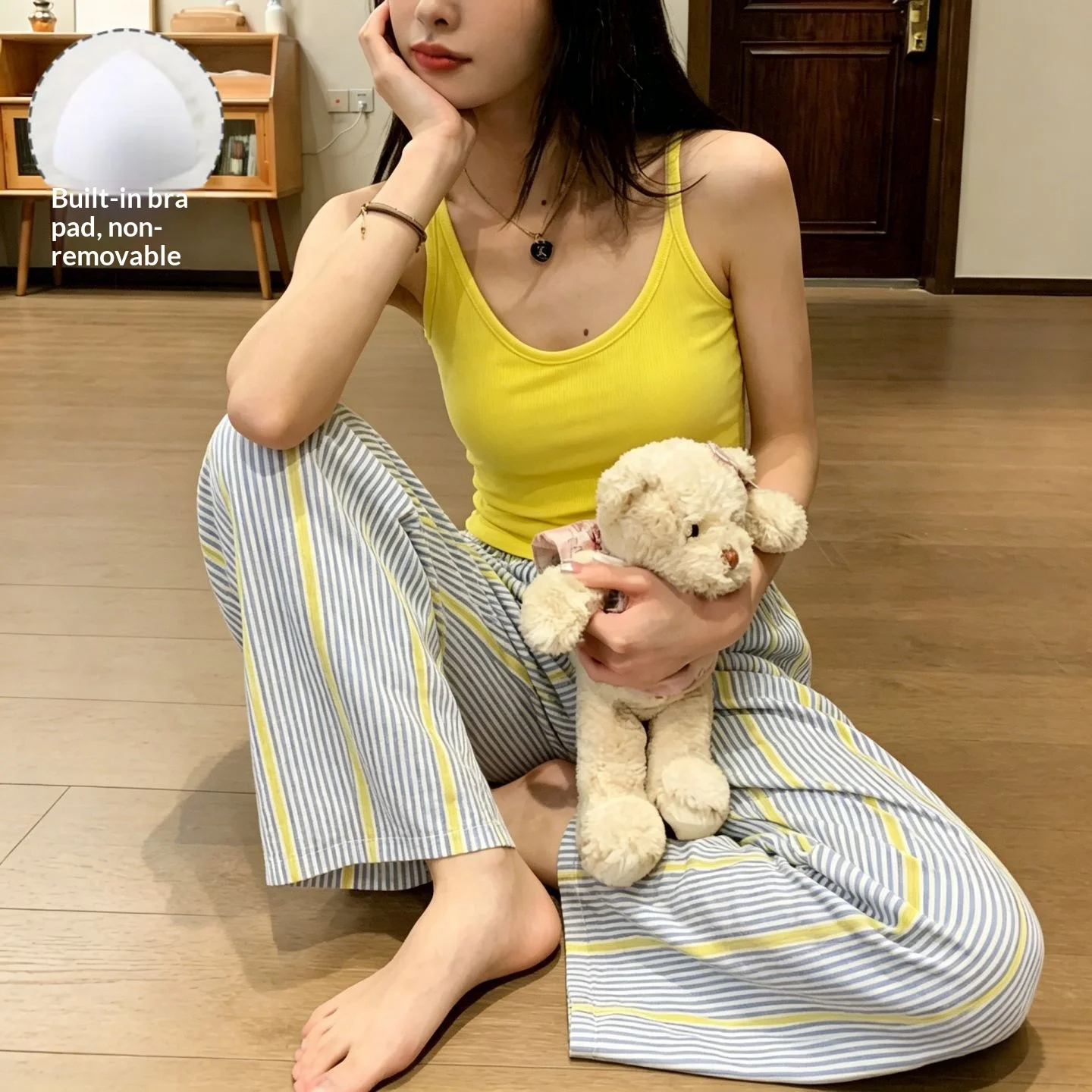 Women's Summer Korean Style Camisole Pajamas, Sweet and Simple for Girls, With Chest Pads, Casual Long Pants Homewear Set 3