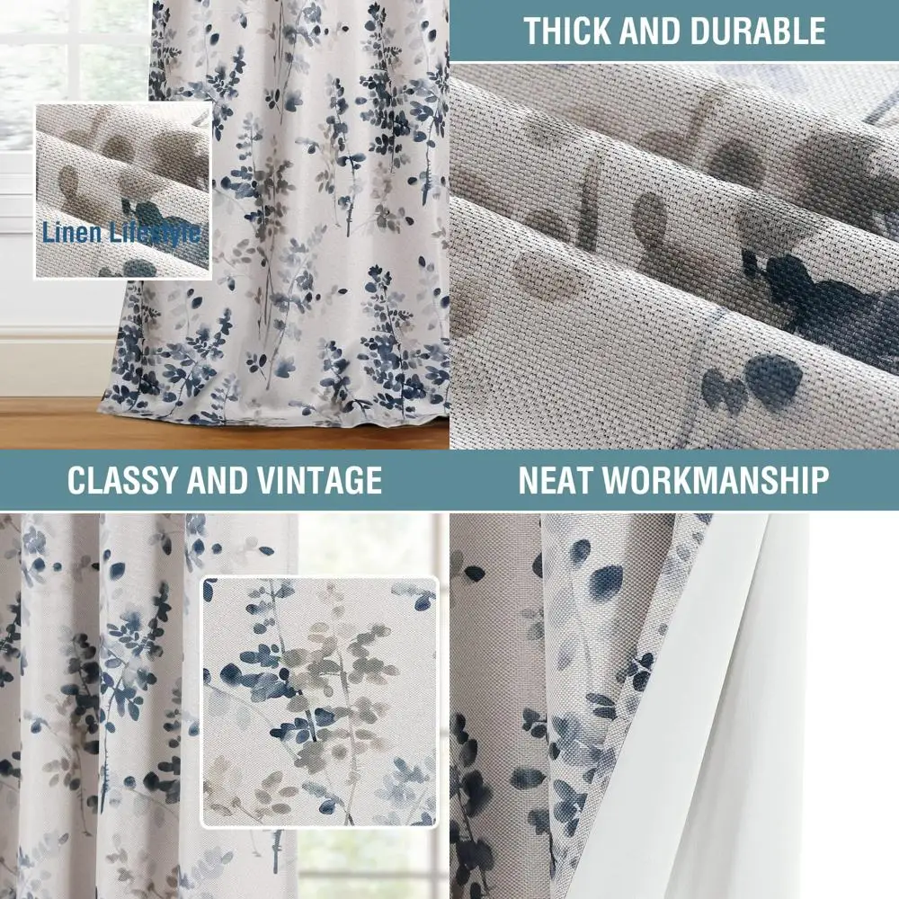 

Льняные плотные шторы с синим цветочным узором, 84-дюймовые, с термоизоляцией для окон с текстурированными люверсами из мешковины