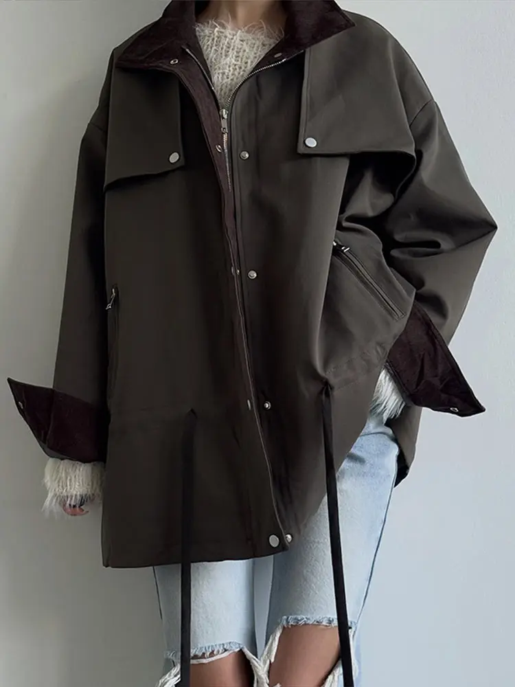 Autumn Female Jacket Solid Lapel Zipper Tunic Long Sleeve Pockets Women Outwear Fashion Lady Coat Streetwear 2026