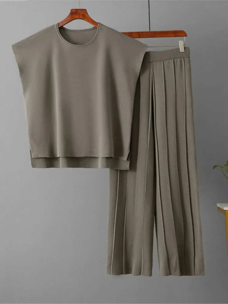 Mode Stricken Set Für Frauen Casual Solide O Hals Ärmellose Tops + Hohe Taille Breite Bein Hosen 2-stück Sets Dame Büro Kleidung Sommer
