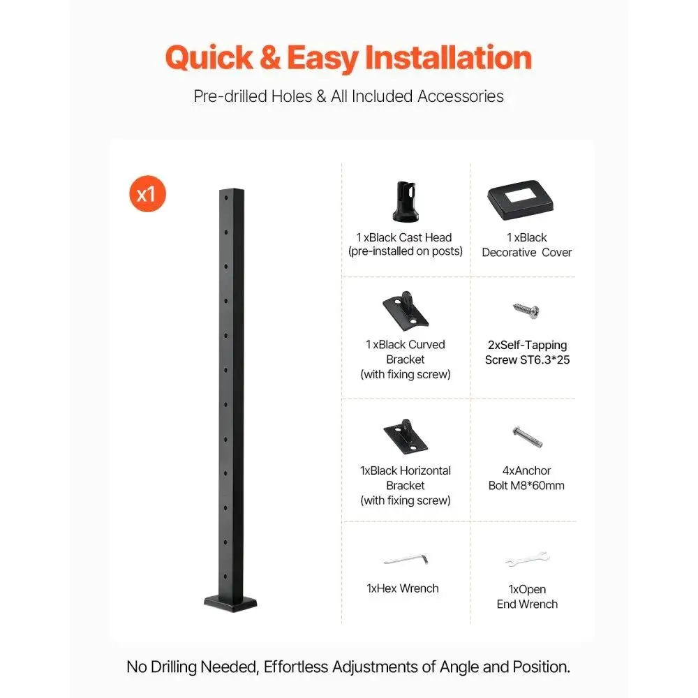 Stainless Steel Cable Railing Post 42x1x2 Inch Level Deck Stair Handrail Kit Pre-Drilled Pickets with Mounting Bracket Black