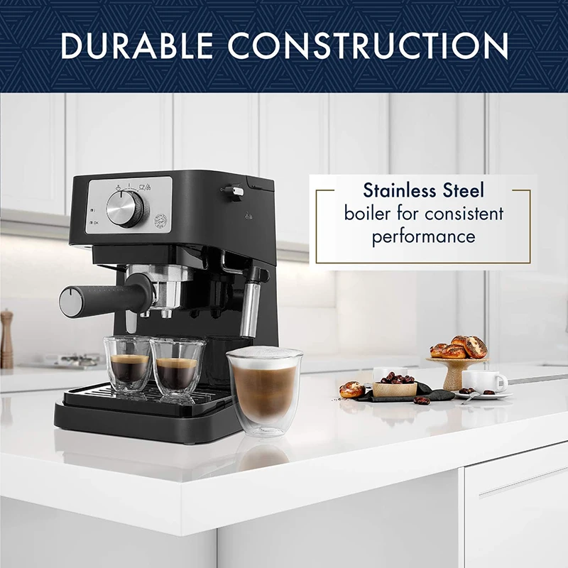 &* Stilosa Manual Espresso Machine, Latte & Cappuccino Maker, 15 Bar Pump Pressure + Milk Frother Steam Wand, Black / Stainless
