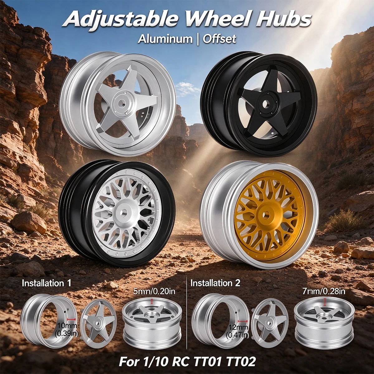 Aluminum Adjustable Offset Wheel Hubs for 1/10 RC Car, Upgrade Parts for Tamiya TT01 TT02 HSP HPI Kyosho RedCat Sakura