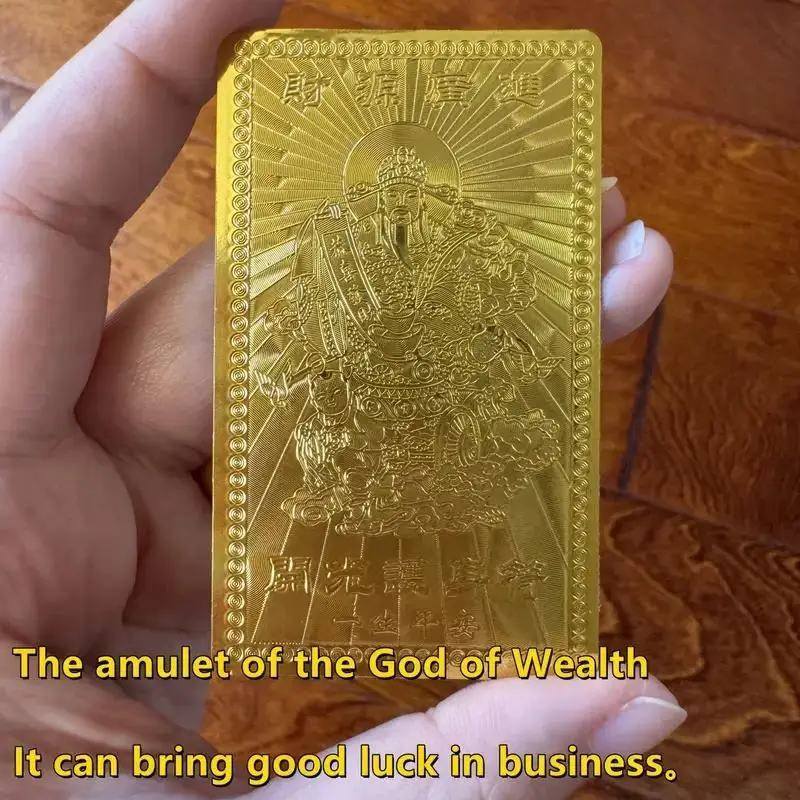 Chinese Thangka Wealth Card In Gold Foil. A Spiritual Charm For Prosperity, Featuring Intricate Middle Eastern Motifs.