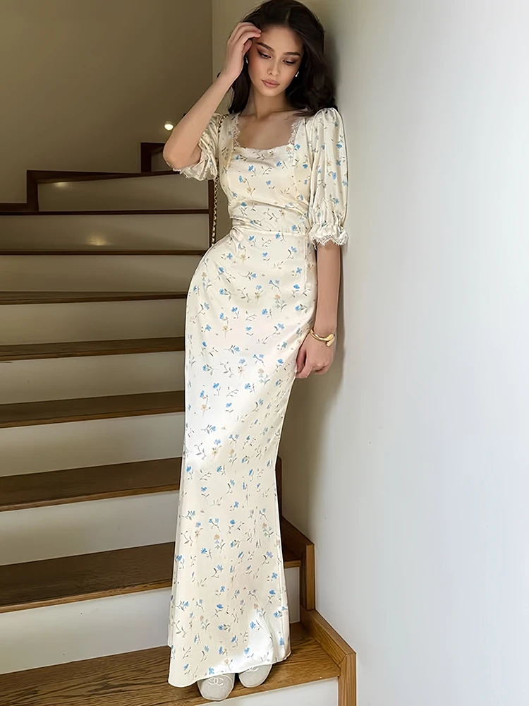 Oniflyme manches bouffantes imprimé fleuri robe Maxi femmes élégant dentelle Patchwork pansement mince robes de soirée dame vacances robes de rue