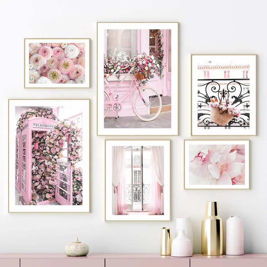 Pink Sakura Rose Peony Paris Fresh Flower Landscape Posters Prints Canvas Painting Wall Art Pictures For Living Room Home Decor