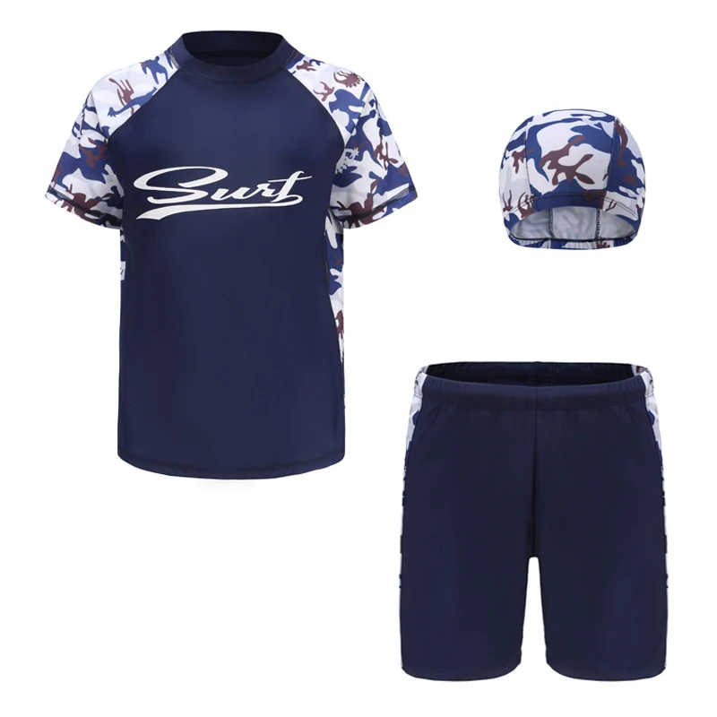 3pcs Boys Teen Casual Letter Graphic Print T-shirt & Swim Trunks & Swimming Cap Swimsuit Bathing Suit Clothes