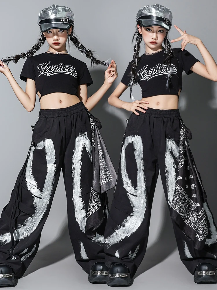 

Girls Kpop Hip Hop Clothing Black Navel Tops Pants Jogger Street Wear Summer Short Sleeves Practice Performance Costume BL16323