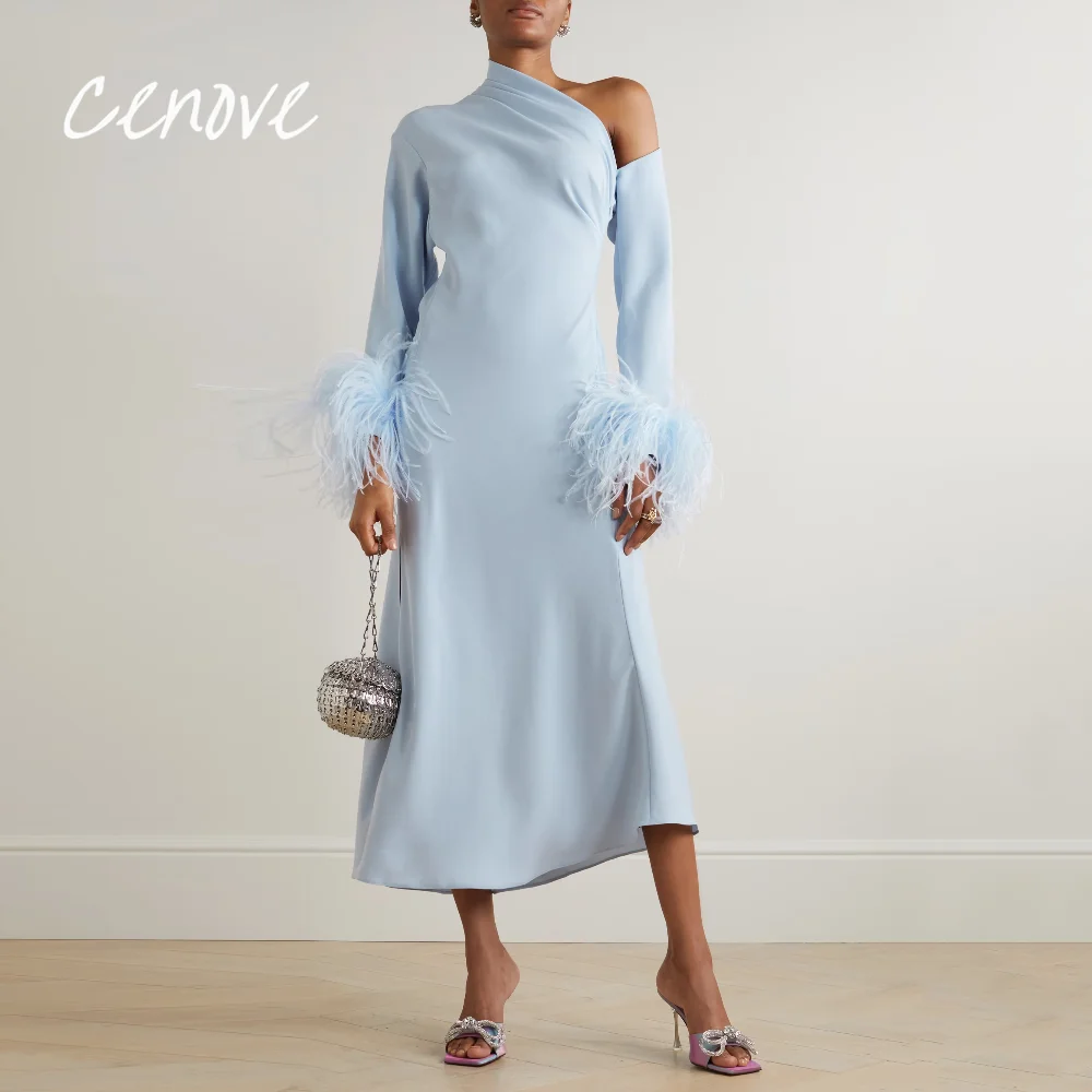 Cenove Simple Evening Dress One Shoulder Full Sleeves Tea Length Customize For Women Formal Occasion Party Gowns Платье для бала