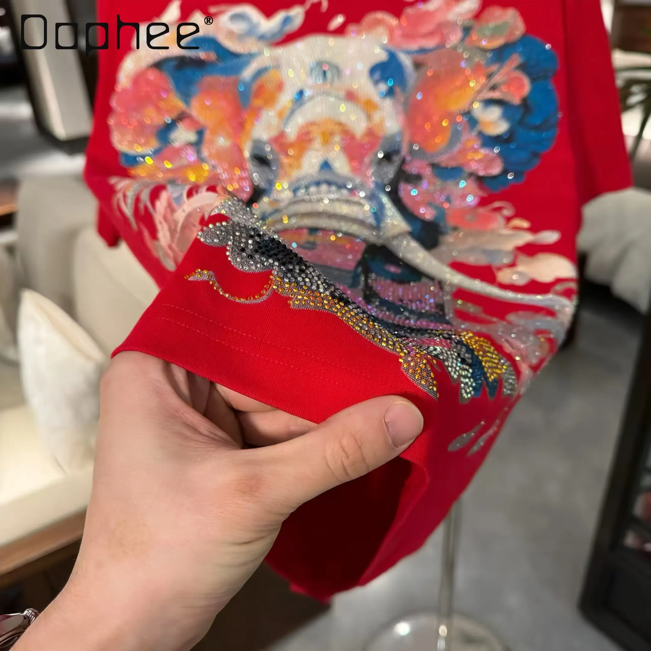 2026 Summer New Men's Fashion Versatile Elephant Rhinestone Loose Casual Black White Red Pink Round Neck Short Sleeve T-Shirt