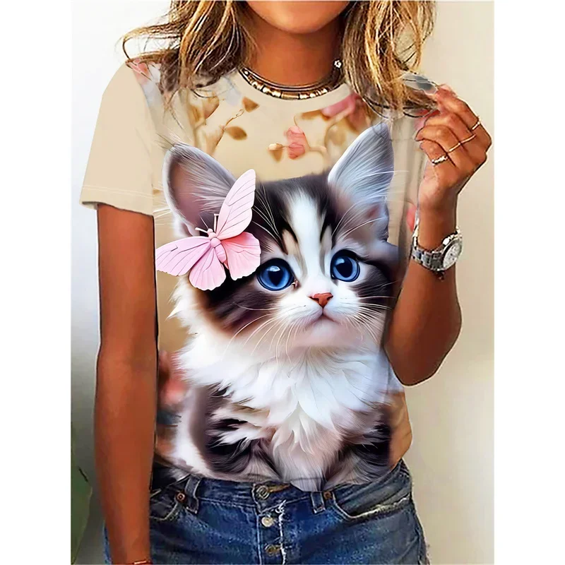 

Funny Cat Pattern T Shirt For Women Cute Animal 3D Printed Short Sleeves Summer Oversized T-Shirts O-Neck Tops Tees Streetwear