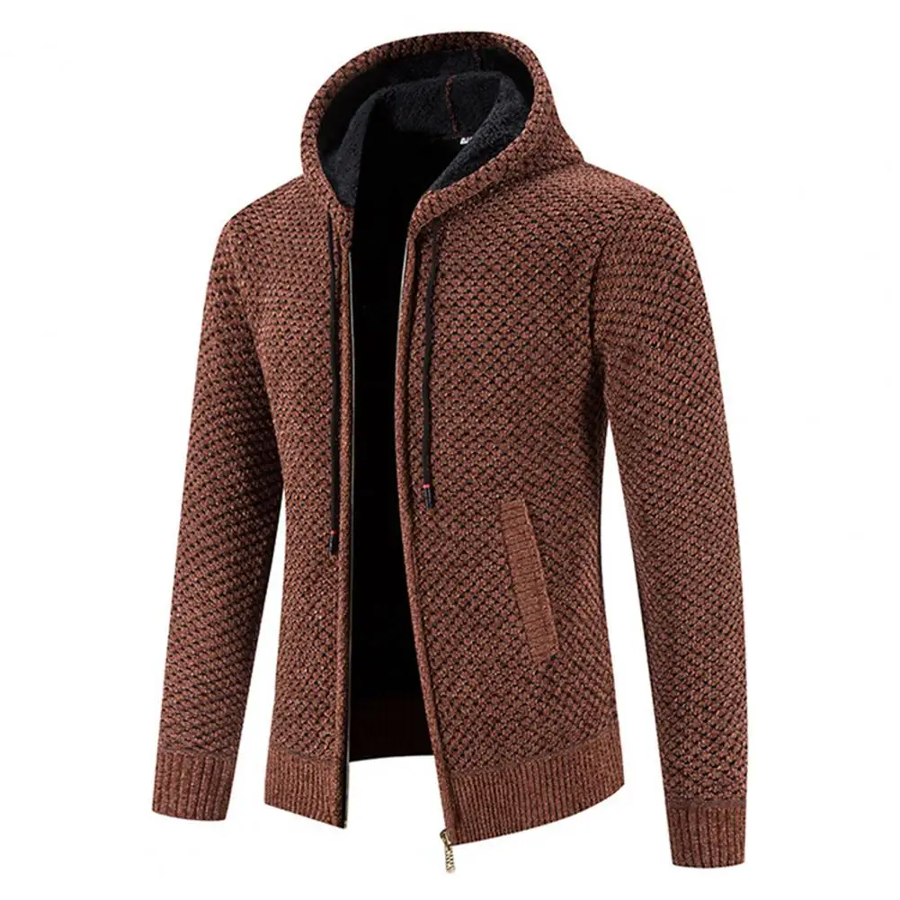 Winter Coat Zipper Closure Solid Color Long Sleeves Drawstring with Hat Keep Warm Casual Thicken Plush Sweater Coat for Daily