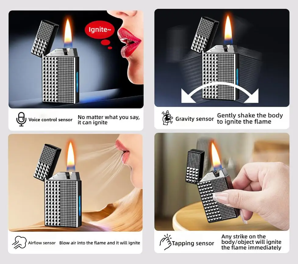 Smart Voice Control Metal Lighter-USB/Type-C Charging, Pulsed Arc Ignition,4 Ignition Modes,Visual Gas Window(No Fuel)