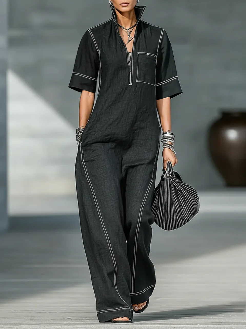 Womens Long Jumpsuit Black  Contrast White Stitching Half Zipper Stand Collar Short Sleeve Overall Casual Wide Leg Pantsuit For Vacation Daily Wear