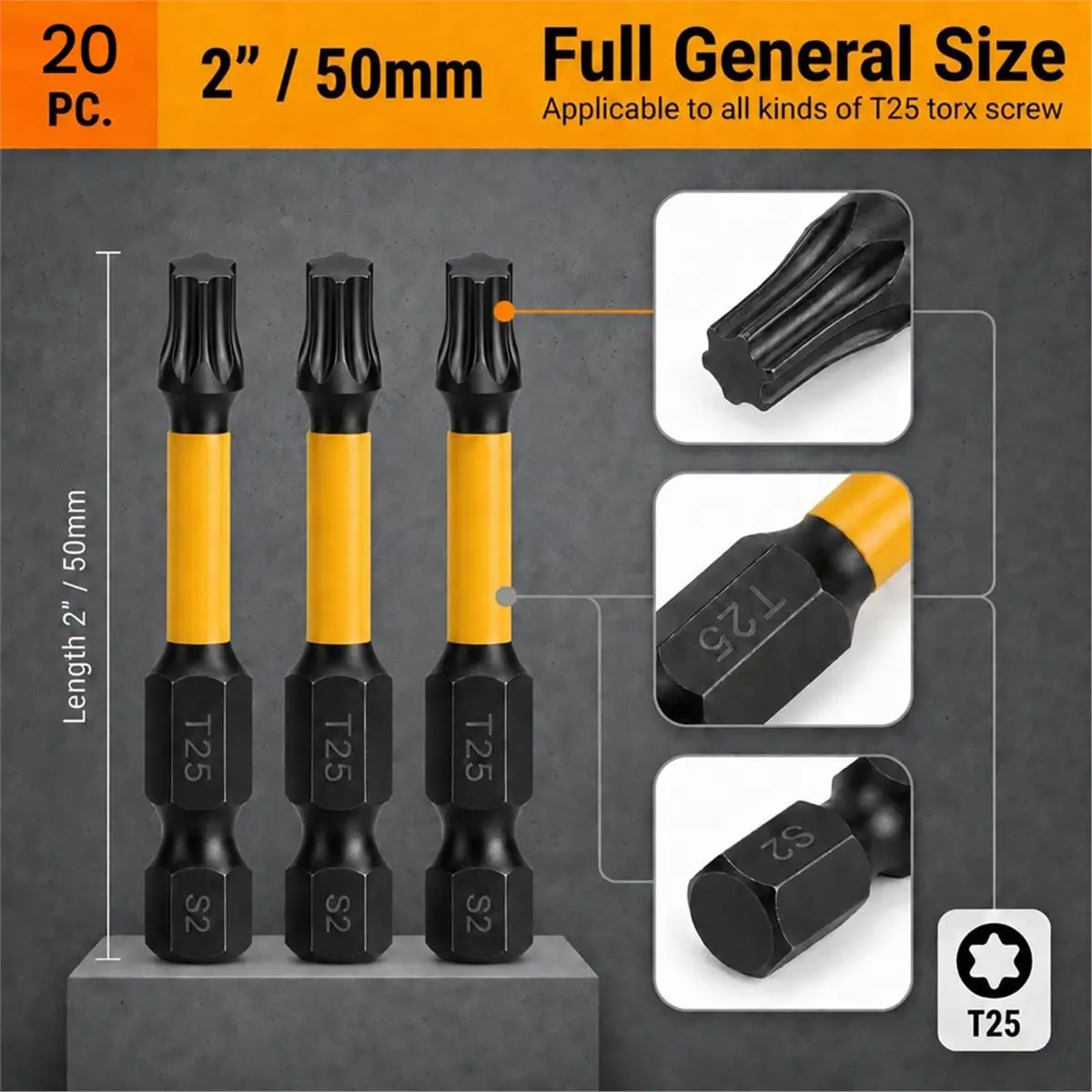20-Pack T25 Torx Bits for Impact Driver, 2'' Magnetic Star Bits Drill Bit Set, S2 Steel, 1/4'' Hex