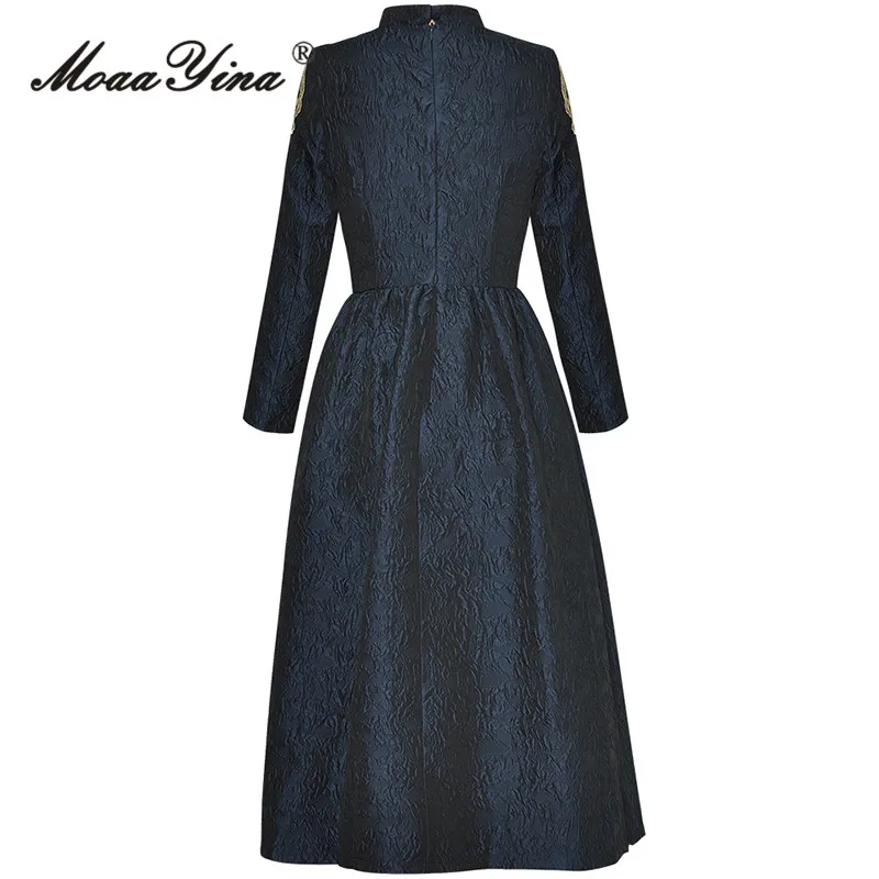 MoaaYina Autumn Fashion Runway Vintage Jacquard Dress Women's Stand Collar Button Embroidery High Waist Slim A-LINE Long Dresses