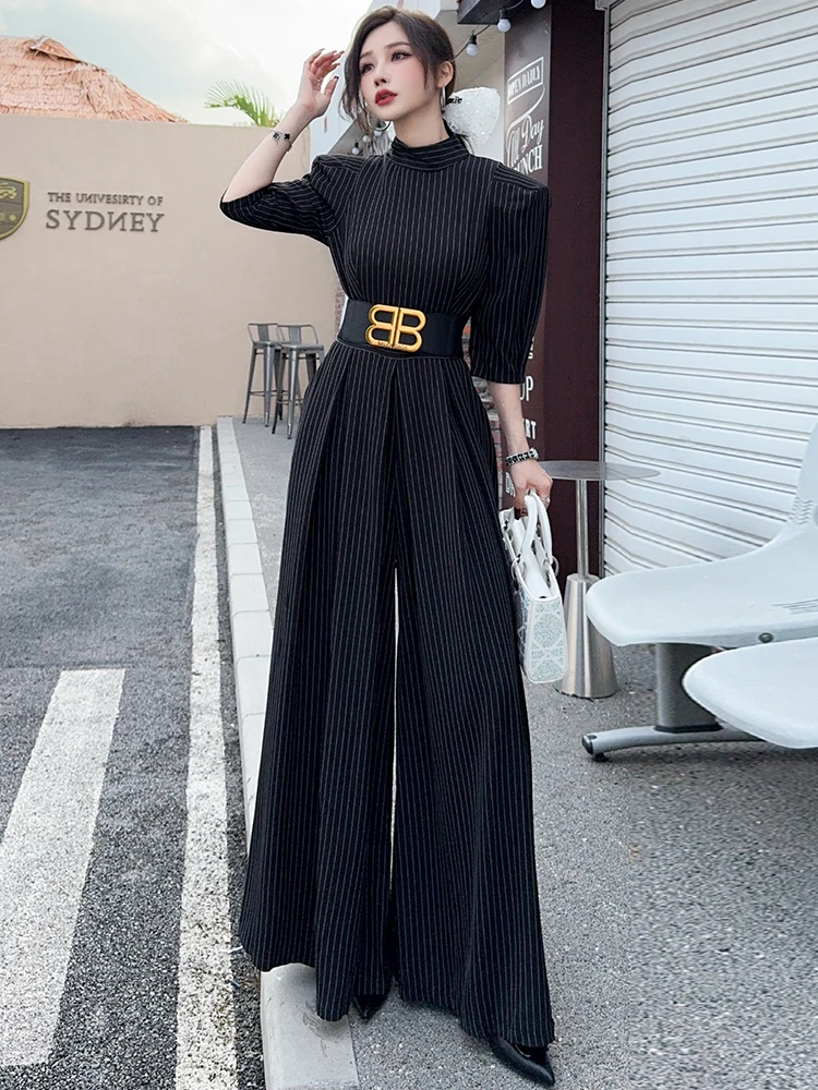 Schlankmachende Streifen-Hose mit Hoher Taille, Drapiert, Fünf-Taschen-Weites Bein, Lange Hose mit Hoher Taille, Originaldesign Damenmode