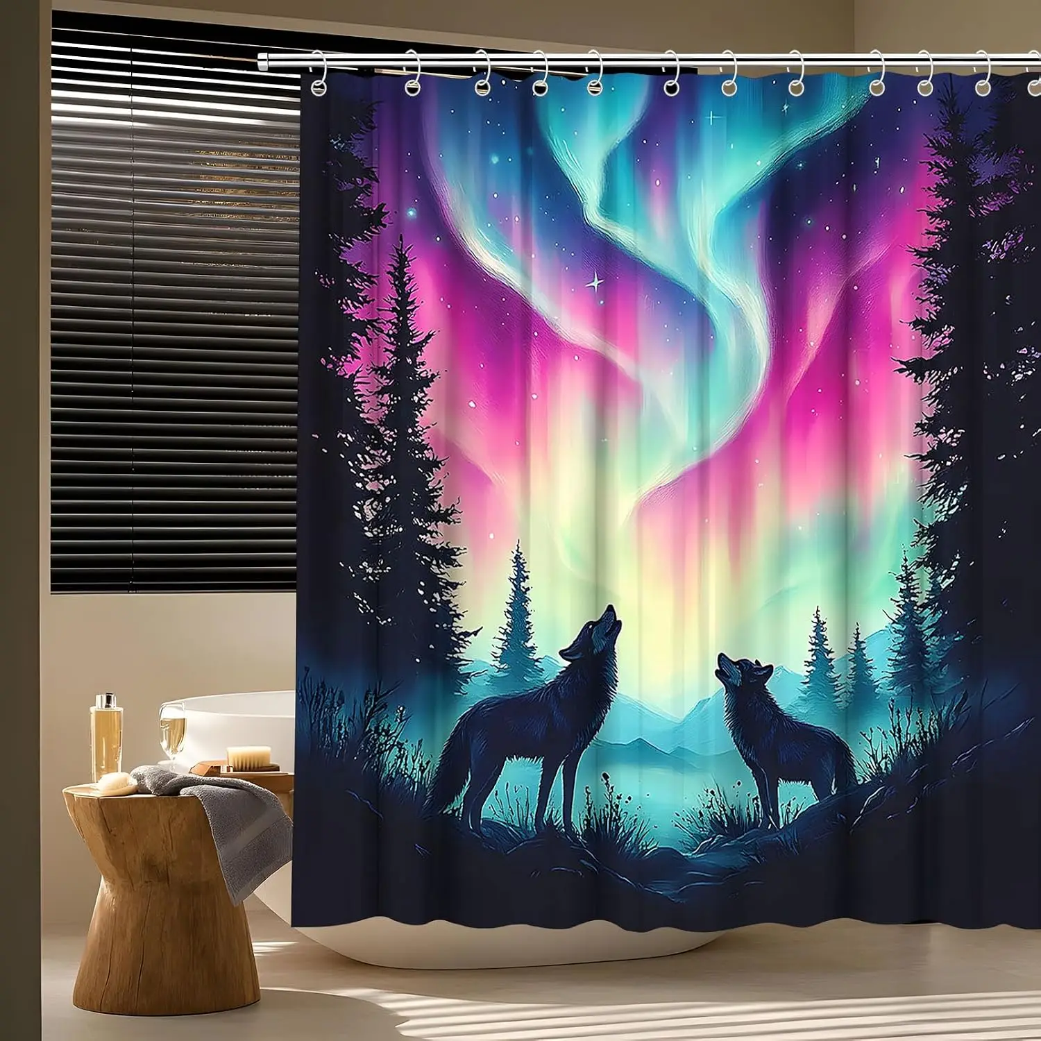 Waterproof Shower Curtain Northern Lights Aurora Borealis Wolf Forest Night Sky Fantasy Decor Bathroom Curtain Liner Best Seller