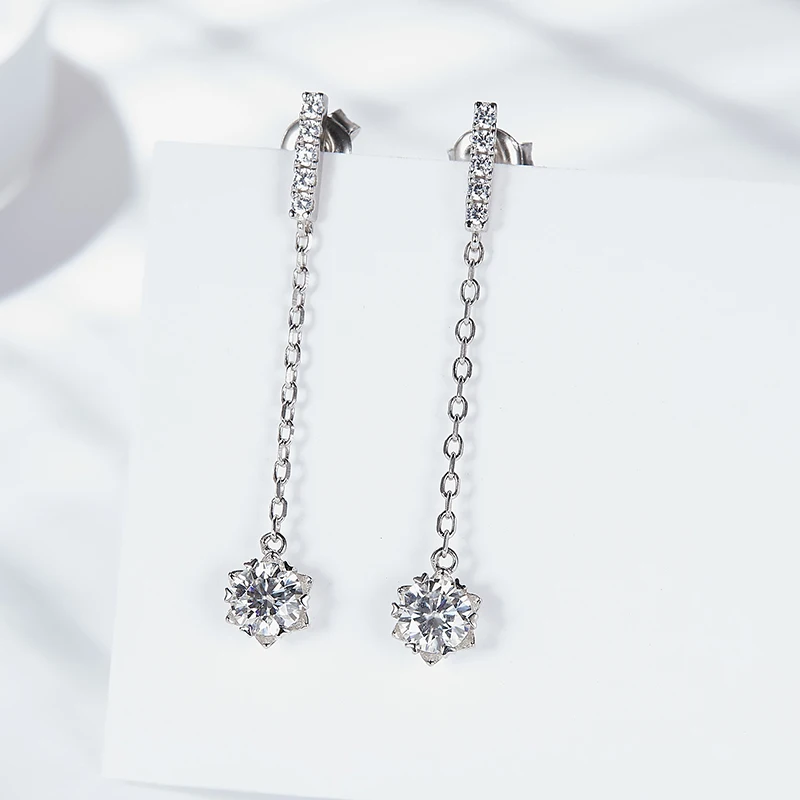 S925 Silver Plated 18K Platinum Round Moissanite Drill Earrings Tassel Smart Earrings 0.5ct * 2