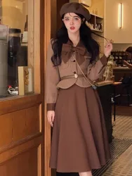 Autumn French Style Multicolor Women Suits 2023 Eleagnt Bow Short Coat High Waist A-line Mid Skirt Fashion Vintage 2 Pieces Set