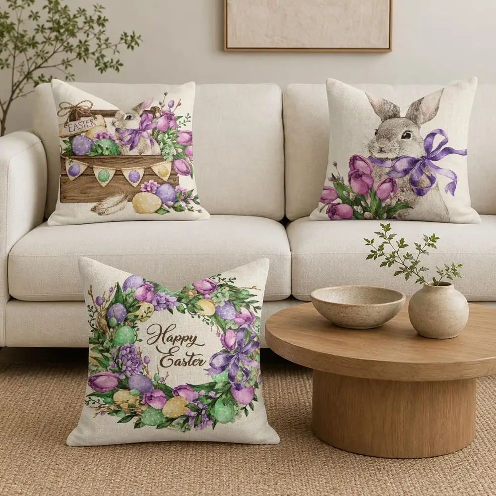 Easter Bunny Eggs And Tulips Cushion Cover Natural Linen Organic Fabric Double-Sided Printing Sofa Home Decor Gift Pillow Cover