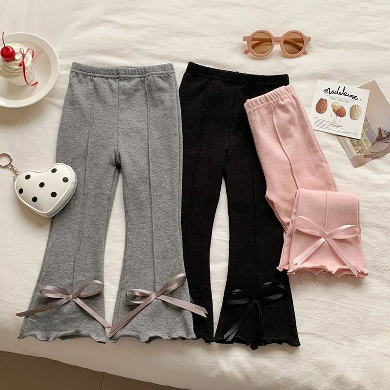 

2025 Autumn New Small and Medium sized Children's Versatile Pants with Western Style Bow and Korean Fashion Bell bottom Pants