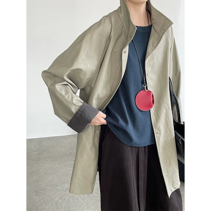 

Stand Collar Loose PU Leather Jacket Women Single-breasted Mid-length Trench Coat