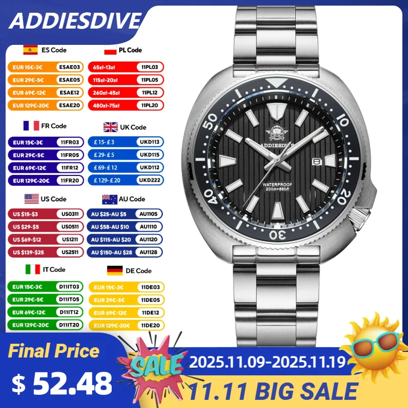 

ADDIESDIVE Diver Watch Sapphire Glass AR Coated 41mm Quartz Watches 20Bar Waterproof Stainless BWG9 Luminous AD2507 Reloj Hombre