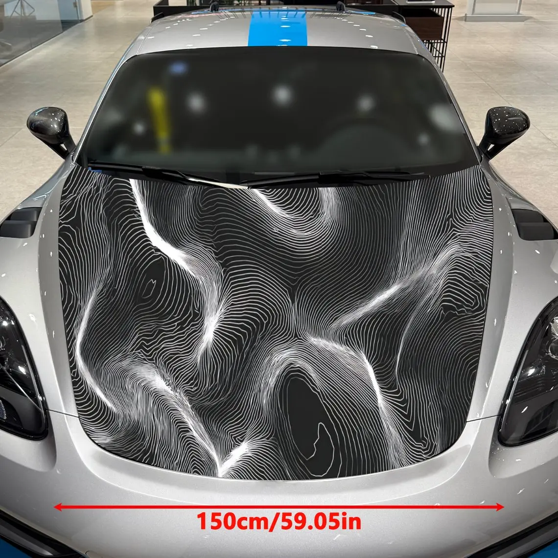Dynamic Undulating Black and White Lines PVC Car Hood Wraps, Self-Adhesive Waterproof Car Bonnet Decal Sticker, Car Decoration P