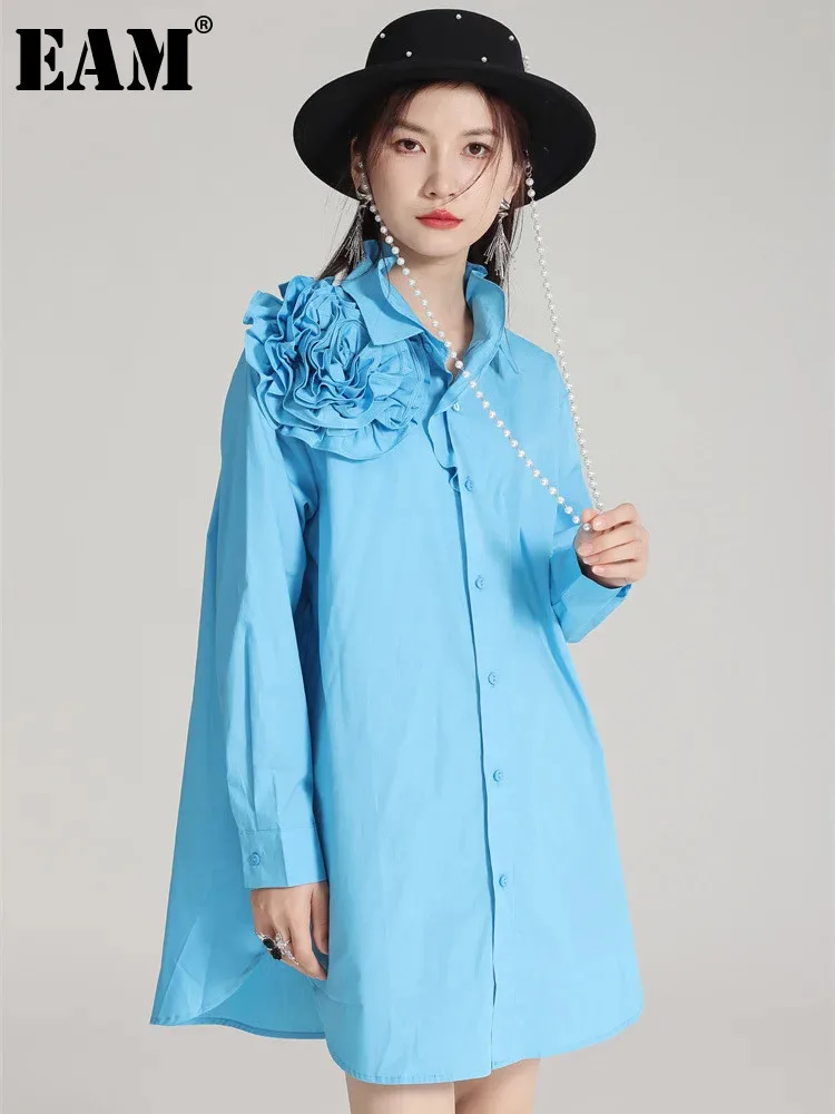 [EAM] Women Blue Flower Big Size Long Blouse New Ruffles Collar Long Sleeve Shirt Fashion Tide Spring Autumn 2024 1DH4787