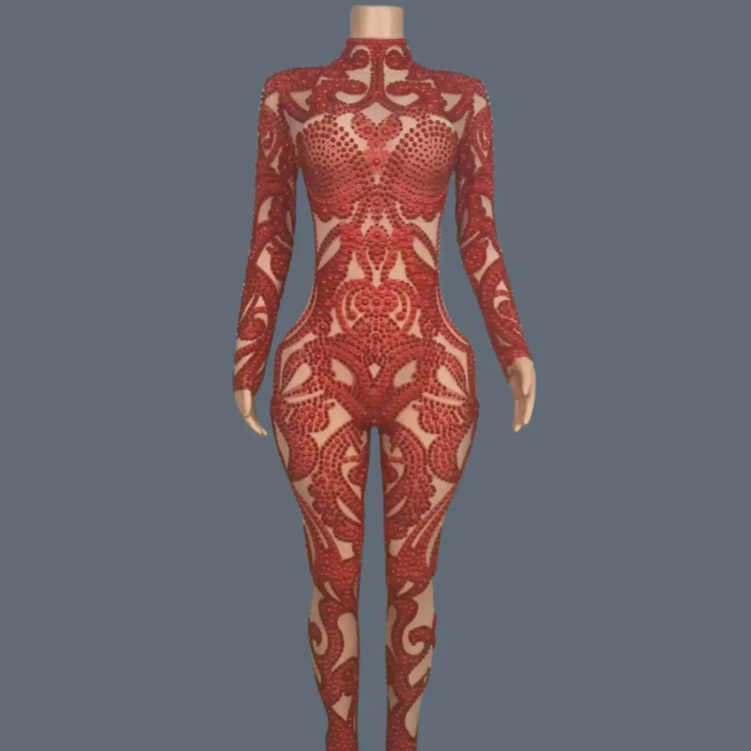 Spandex Elastic Sexy Red Pearls Jumpsuit Women Fashion Tight Fitting Jumpsuit Night Club Party Performance Outfit Gaoduanzhenzhu