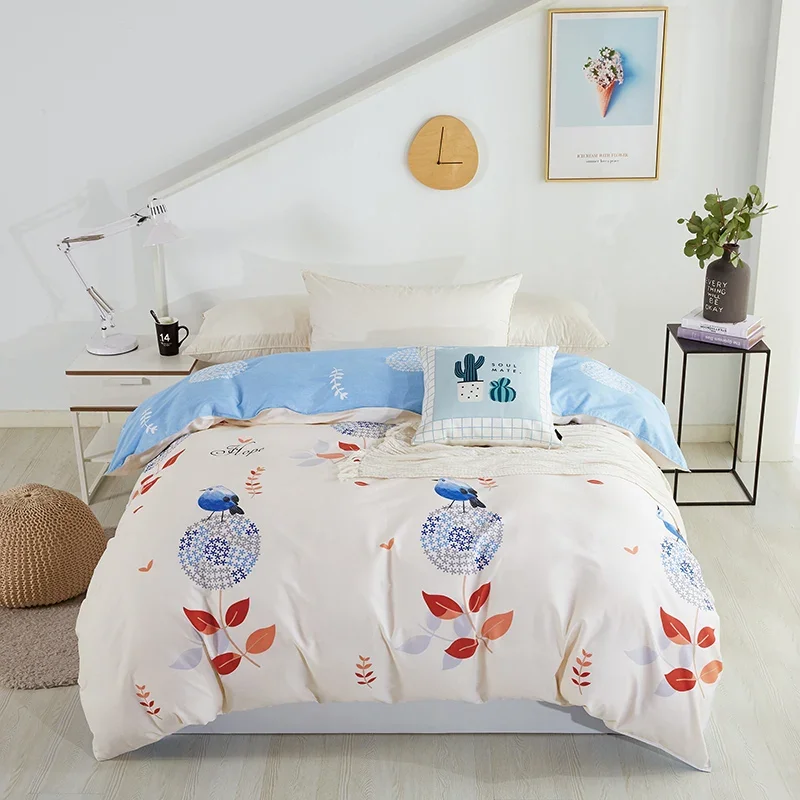 Floral Birds Cotton Duvet Cover Botanical Bedding Country Style Leaves Pattern Duvet Covers with Zipper Soft for Naked Sleep