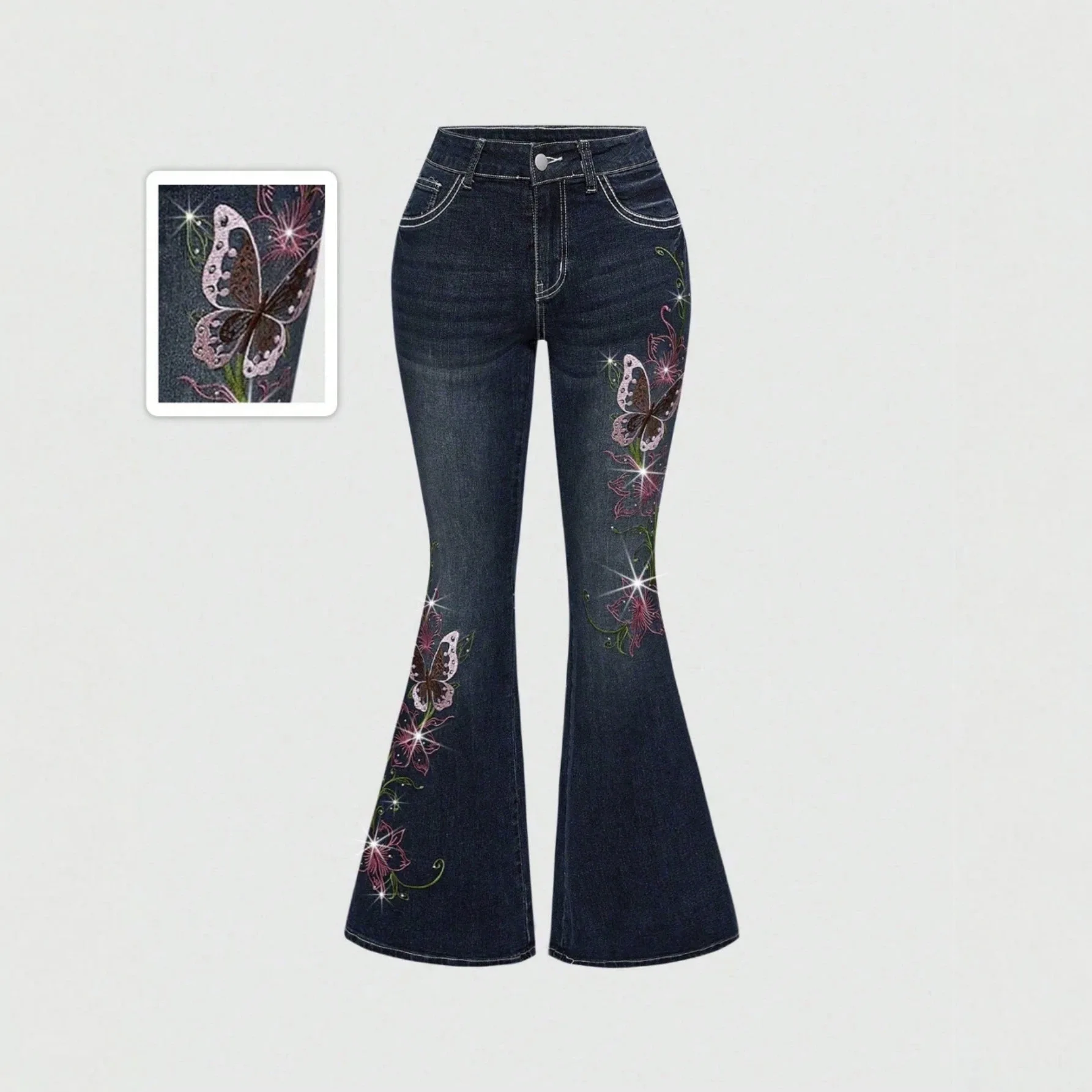 Women's Jeans Retro Millennial Style,  Vine Embroidered Rhinestone Horn Jeans Women, Factory Spot