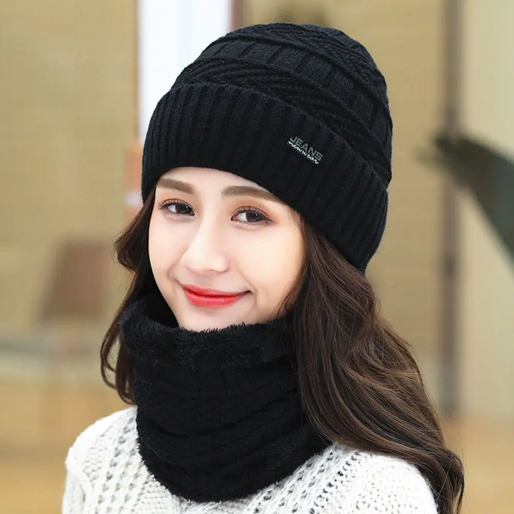 Two-Piece Set Fashion Women Knitted Hat Scarf Caps Neck Warmer Winter Hats For Men Women Skullies Beanies Warm Fleece Cap